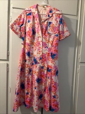 Vintage Floral Shirtwaist Dress in Pink, Orange & Blue